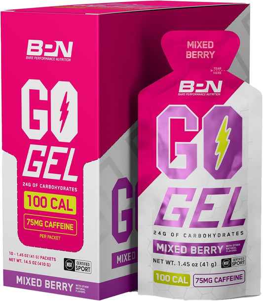 BARE PERFORMANCE NUTRITION, BPN Go Gel Endurance Gel, 24g of Carbohydrates & 100 Calories per Gel Pack, Vegan + Gluten Free Running Gel, 10 Single-Serving Gel Packs, Caffeinated Mixed Berry