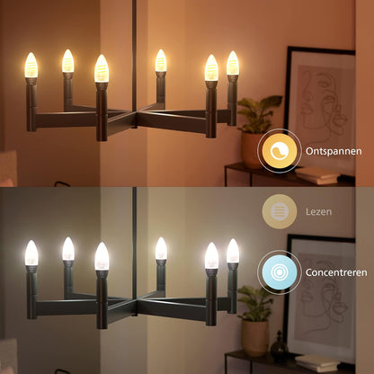 Philips Hue Filament Candle White Ambiance LED Smart Light Bulb E14 Small Edison Screw 4.9W for Indoor Home Lighting. Bedroom
