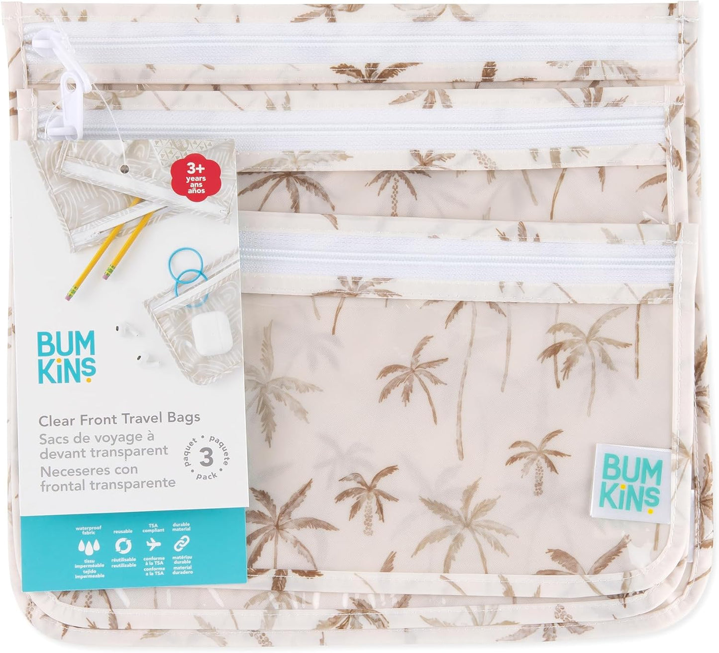 Bumkins Travel Bag, Toiletry, TSA Approved Pouch, Zip Bag, Quart Size Airline Compliant, Clear-Sided, Baby, Diaper Bag Organization, Makeup, Accessories, Packing, Set of 3 Sizes, Palm Trees