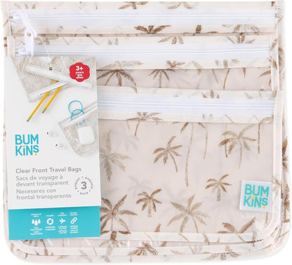Bumkins Travel Bag, Toiletry, TSA Approved Pouch, Zip Bag, Quart Size Airline Compliant, Clear-Sided, Baby, Diaper Bag Organization, Makeup, Accessories, Packing, Set of 3 Sizes, Palm Trees