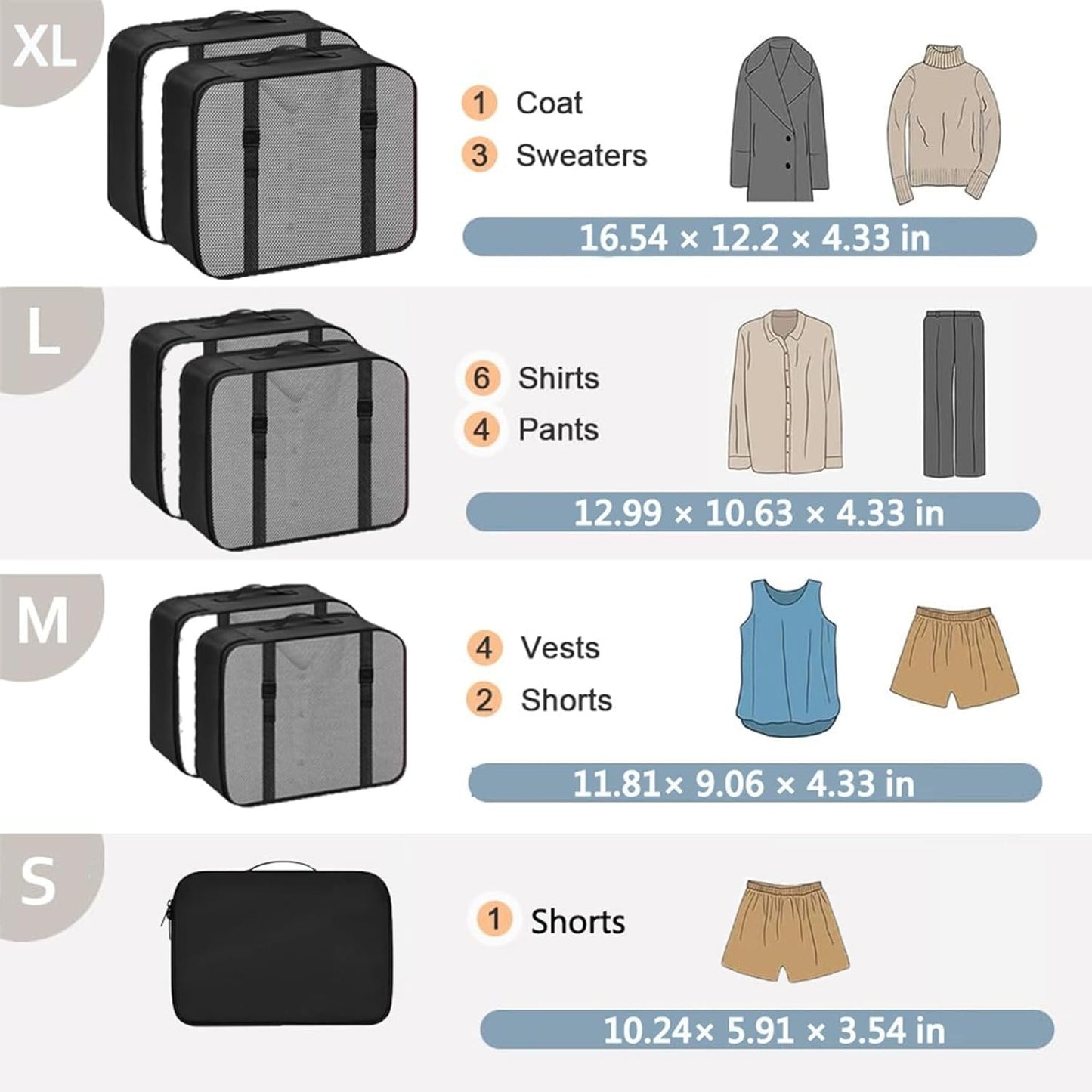 Packing Cubes, 7 Set Travel Packing Bags, Suitcase Organisers for Clothes, Travel Cubes Storage Bag Luggage Accessories (Black, Packing Cubes + Underware Bag)