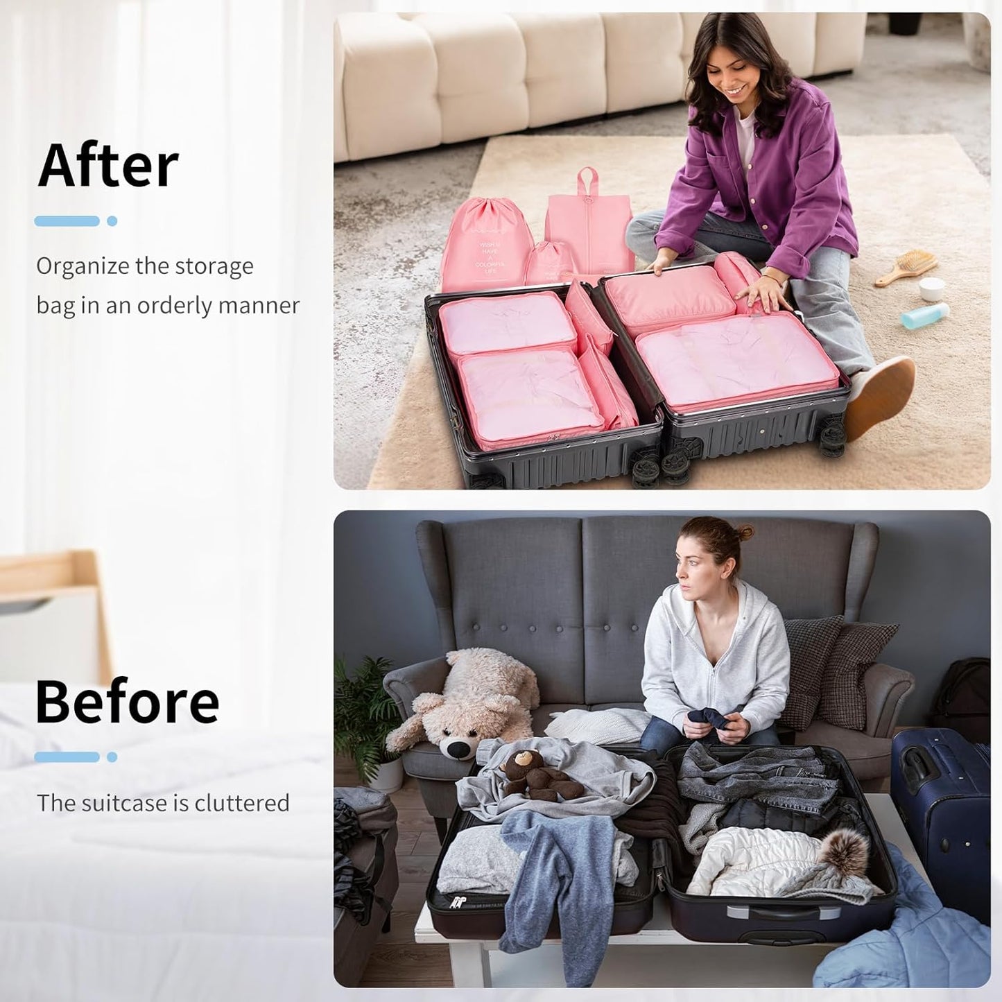 Coolzon Packing Cubes Travel Suitcase Organizer Set of 11, Compression Luggage Organizer Space-Saving for Clothes, Ultralight, Shoes, Underwear, Black, pink