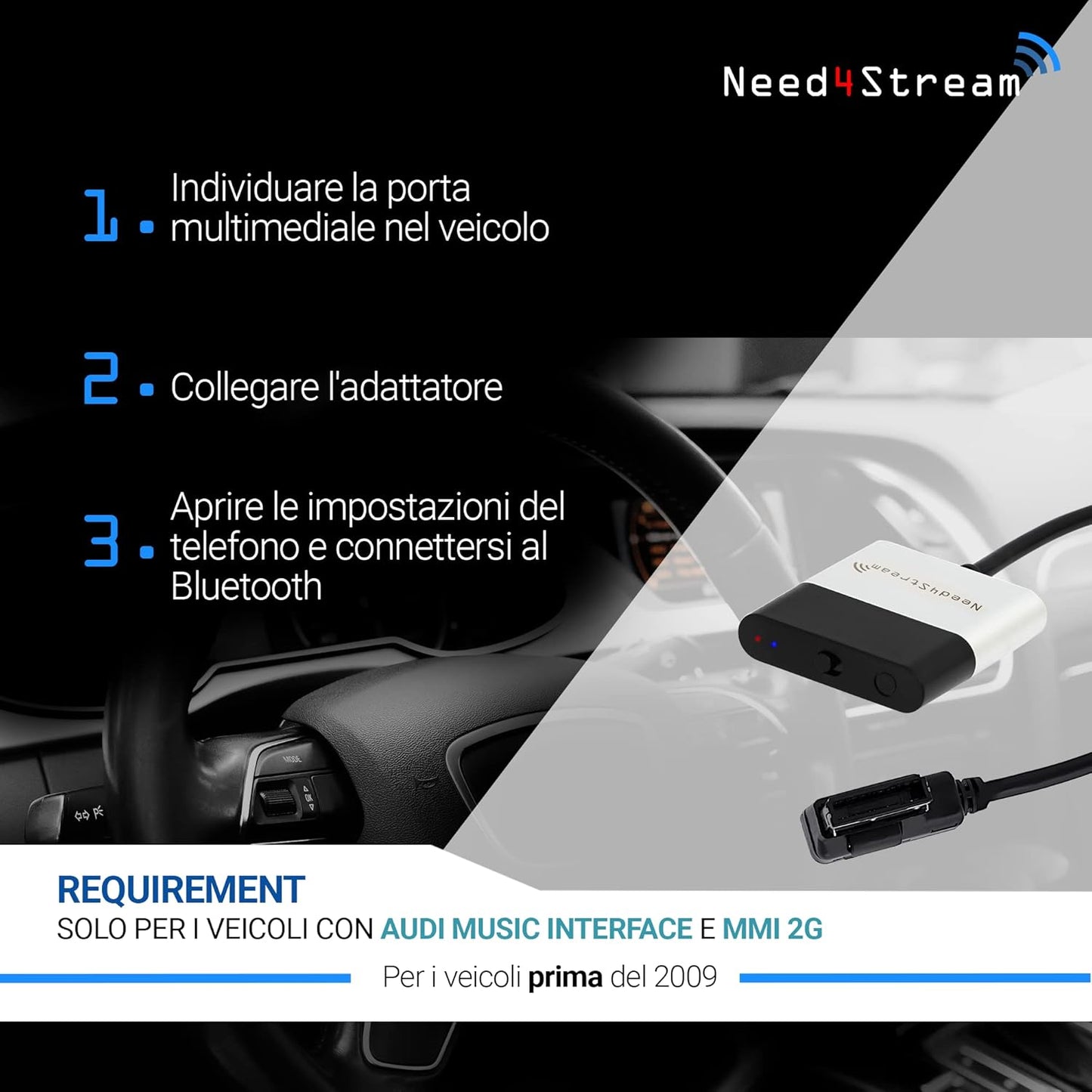 Need4Stream, N4S300A_2G AD2P Bluetooth Audio Interface with Title List Compatible with Audi MMI 2G, Audi Music Interface AMI Adapter, Compatible with iPhone and Android Smartphones