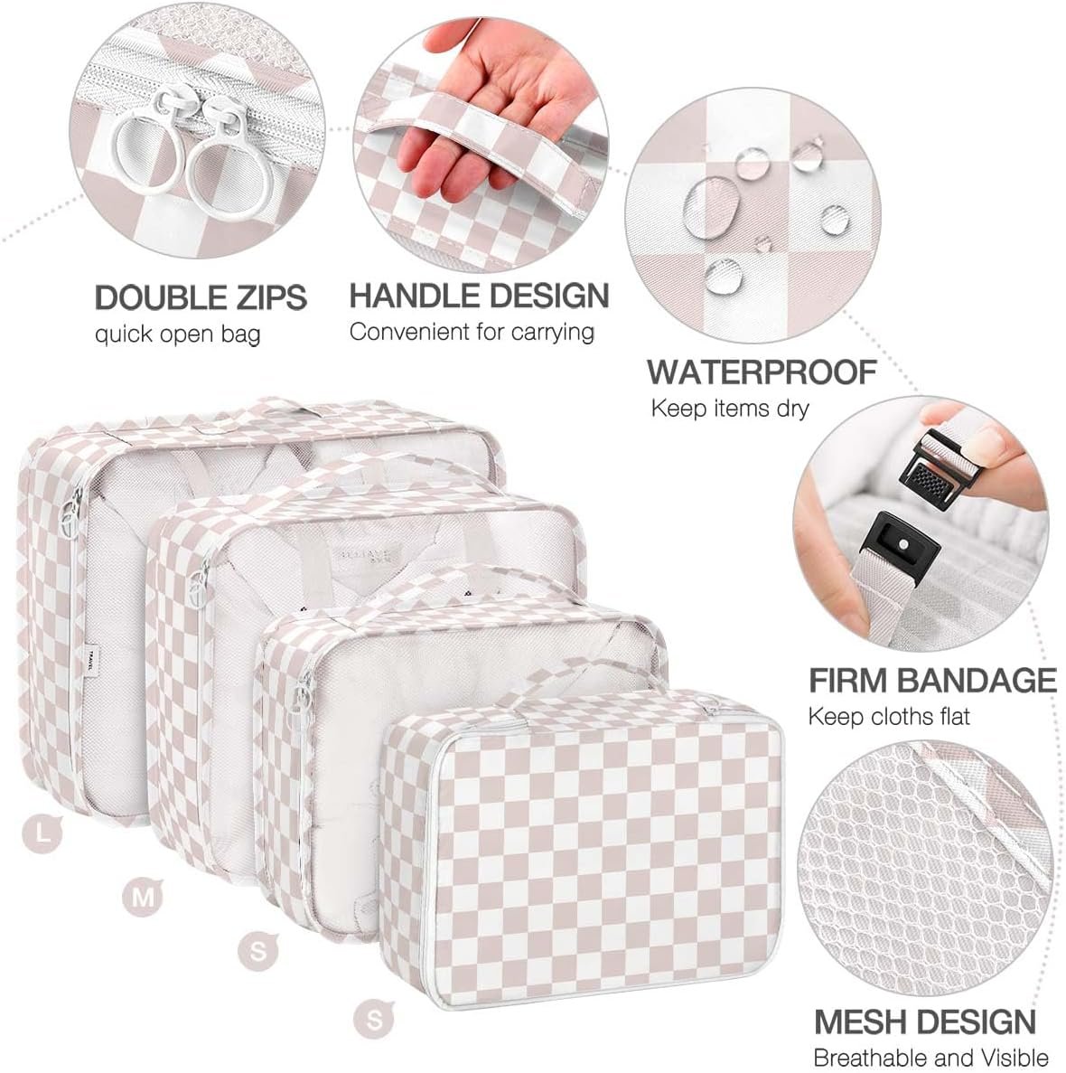 8 Set Packing Cubes for Suitcases, Packing Cubes with Shoe, Cosmetics, Clothing, Accessories Bags for Travel Luggage Organizer Women Men(Light Pink Checkered)