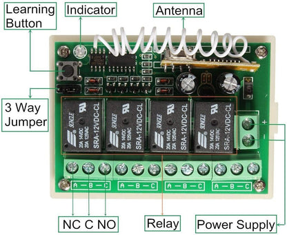 433Mhz Wireless RF Switch, DC 12V 4CH Channel Long Range Remote Control Relay Receiver Module, Transmitter Toggle RF Relay (2 Transmitter & 1 Receiver)