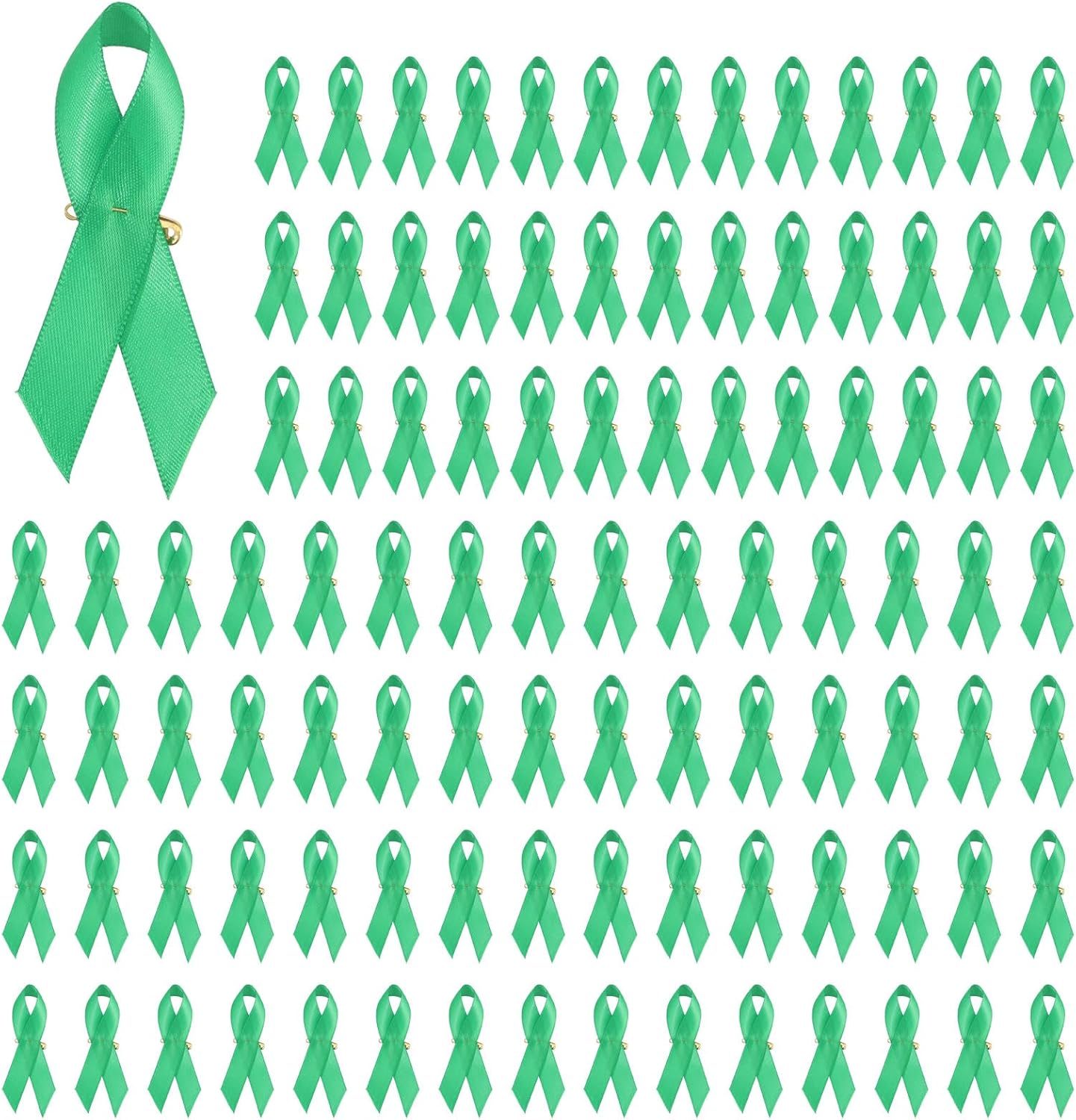 GLOBLELAND 100Pcs Mental Health Awareness Ribbon Green Satin Ribbon Lapel Pins for Charity Events Ribbons with Safety Pins for Women Men