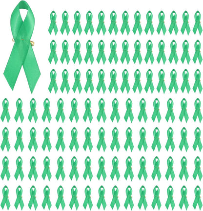 GLOBLELAND 100Pcs Mental Health Awareness Ribbon Green Satin Ribbon Lapel Pins for Charity Events Ribbons with Safety Pins for Women Men