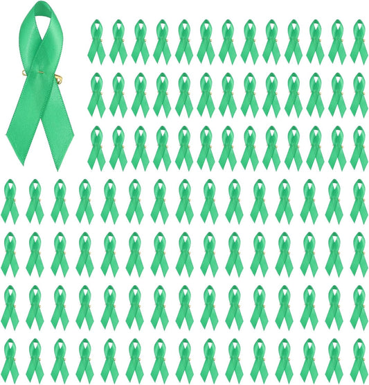 GLOBLELAND 100Pcs Mental Health Awareness Ribbon Green Satin Ribbon Lapel Pins for Charity Events Ribbons with Safety Pins for Women Men