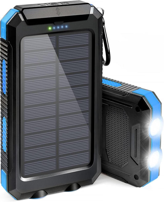 Solar Charger, 20000mAh Portable Outdoor Waterproof Solar Power Bank, Camping External Backup Battery Pack Dual 5V USB Ports Output, 2 Led Light Flashlight with Compass (Blue)