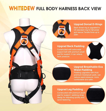 Fall Protection Premium Safety Harness with Shock Absorbing Lanyard, Roofing Constructio Harness, Vented & Padded Shoulder, Legs & Back - Upgrade 4 Quick Buckles(Orange)