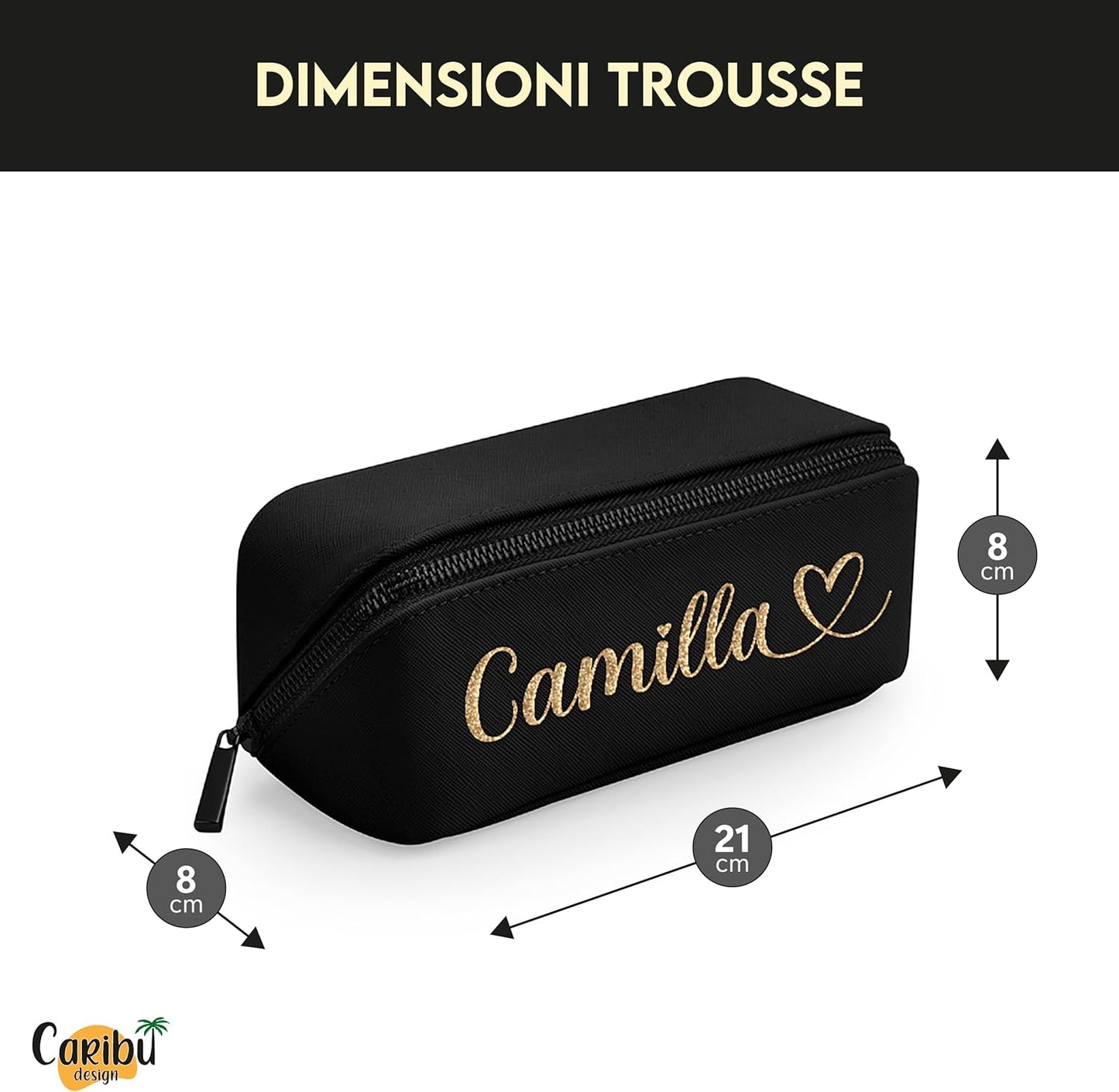 Caribu design Personalised Cosmetic Case with Name Initials Text – Makeup Bag for Travel Home Faux Leather Cosmetic Bag for Her Makeup Organizer Accessories, Black + Black Zipper, elegant
