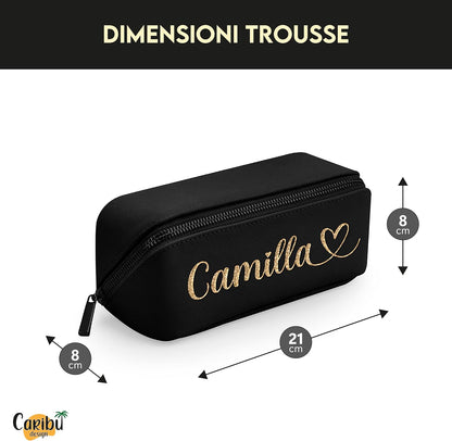 Caribu design Personalised Cosmetic Case with Name Initials Text – Makeup Bag for Travel Home Faux Leather Cosmetic Bag for Her Makeup Organizer Accessories, Black + Black Zipper, elegant