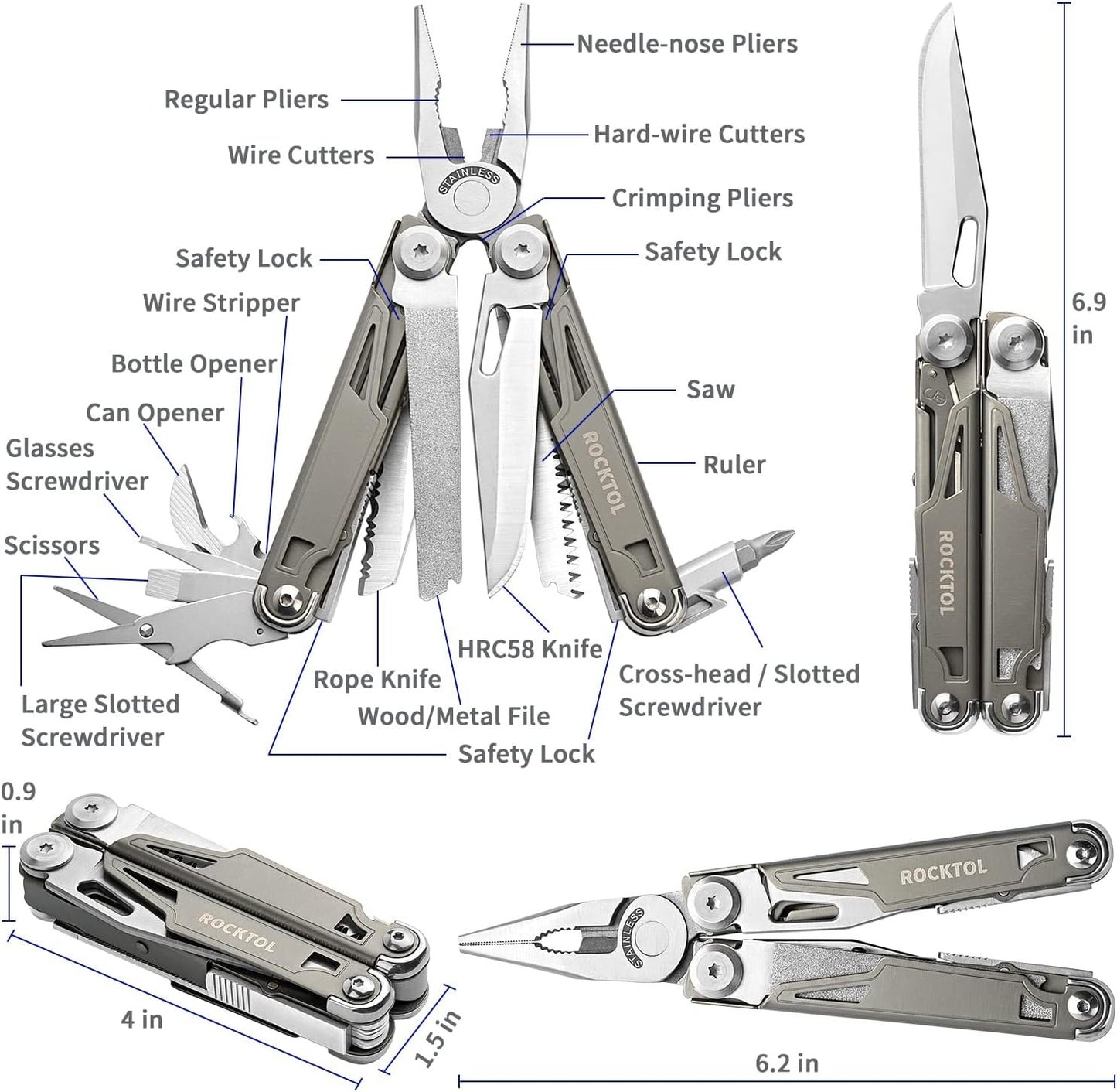 ROCKTOL Multitool Pliers,19 in 1 Multitools with Titanium-plated Handle Safety Locking Lightweight EDC Tool nylon sheath for Gifts,Men,Outdoor Survival,Hiking,Camping
