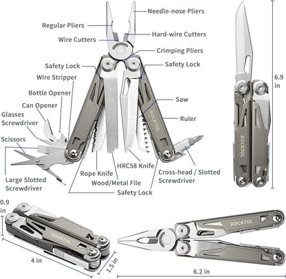 ROCKTOL Multitool Pliers,19 in 1 Multitools with Titanium-plated Handle Safety Locking Lightweight EDC Tool nylon sheath for Gifts,Men,Outdoor Survival,Hiking,Camping