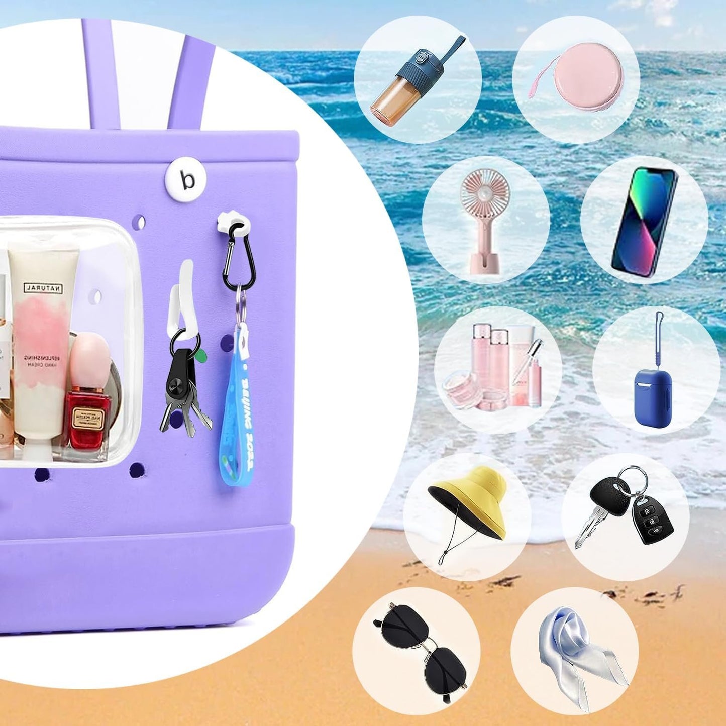 Everfunny 3 Packs Clear Bogg Beach Tote Bag with 2 Pack Insert Hooks Accessories for Bogg Bags Travel Makeup Clean Toiletry Brush Organizer Cosmetic Divider Storage Inner Pouch, White set of 2