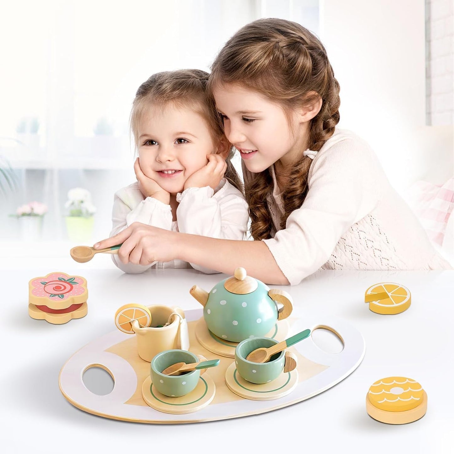Wooden Tea Party Toys for Little Girls, Montessori Tea Time Pretend Play Toy for Kids Kitchen Sets Wooden Toys for 3 4 5 Year Old Girl Birthday Gift