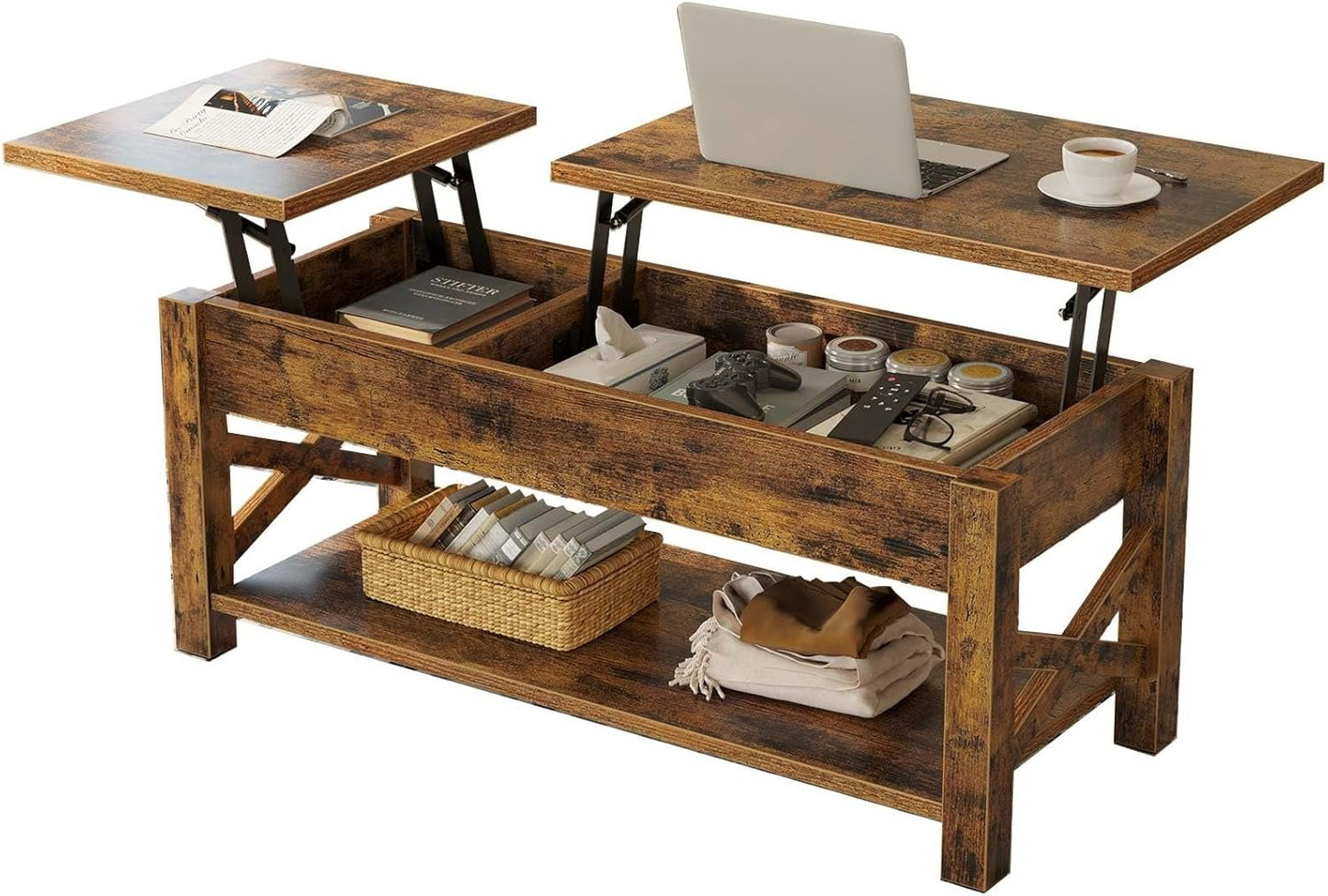 Rolanstar Coffee Table, 47.2" Lift Top Coffee Table with Hidden Compartment, 2 Way Lift Top Coffee Table with Open Shelf & X Wooded Support, Farmhouse Center Table for Living Room, Rustic Brown