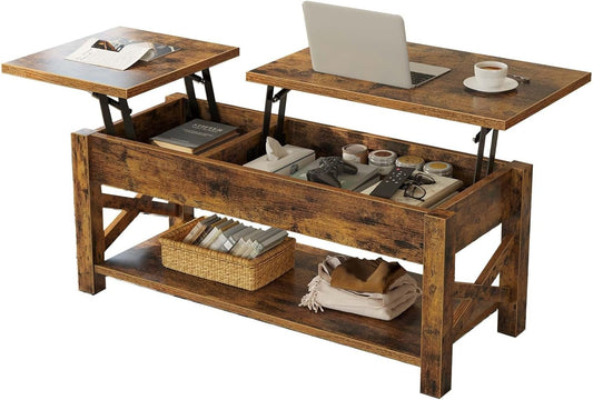 Rolanstar Coffee Table, 47.2" Lift Top Coffee Table with Hidden Compartment, 2 Way Lift Top Coffee Table with Open Shelf & X Wooded Support, Farmhouse Center Table for Living Room, Rustic Brown