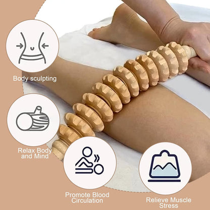Wooden Muscle Massage Roller with Handle, Curved Roller Massager for the Whole Body, Promotes Circulation, Massager Legs, Back, Pain Relief and Body Relaxation