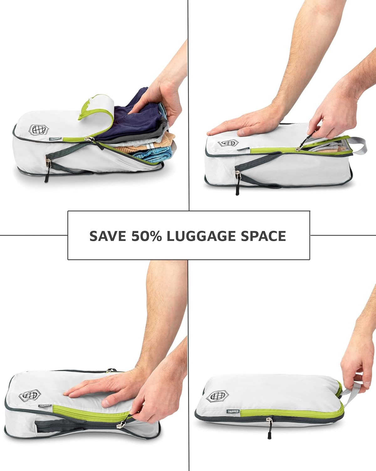 Compression Packing Cubes for Travel - Luggage and Backpack Organizer Packaging Cubes for Clothes (White and Green, 6 Piece Set), White/Green, 6Piece