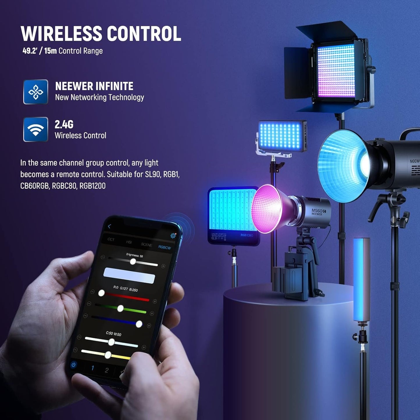 NEEWER MS60C RGBWW LED Video Light with 2.4G/APP Control, 65W Metal Mini RGB COB Continuous Output Lighting Bowens Mount Handheld Spotlight 2700K-6500K,8300lux/1m, CRI 97+/TLCI 98+,17 Effects + RGBCW