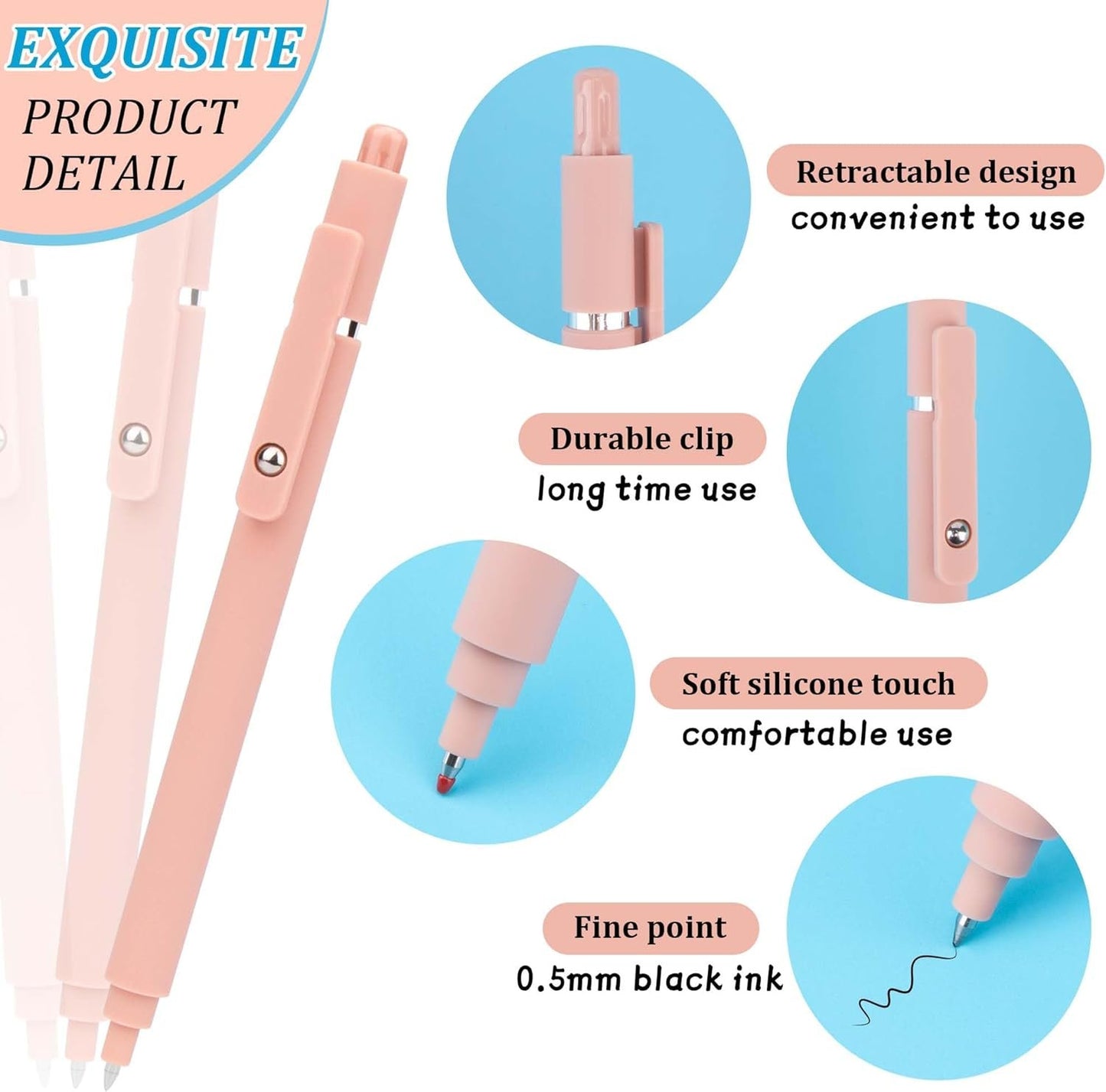 YUNAI Retractable Gel Pens, 10PCS 0.5mm Black Ink Ballpoint Pens with Silicone Clip, Premium Smooth Writing Quick Dry Ink Fine Point Rollerball Pens for School Office Home Stationery Supplies