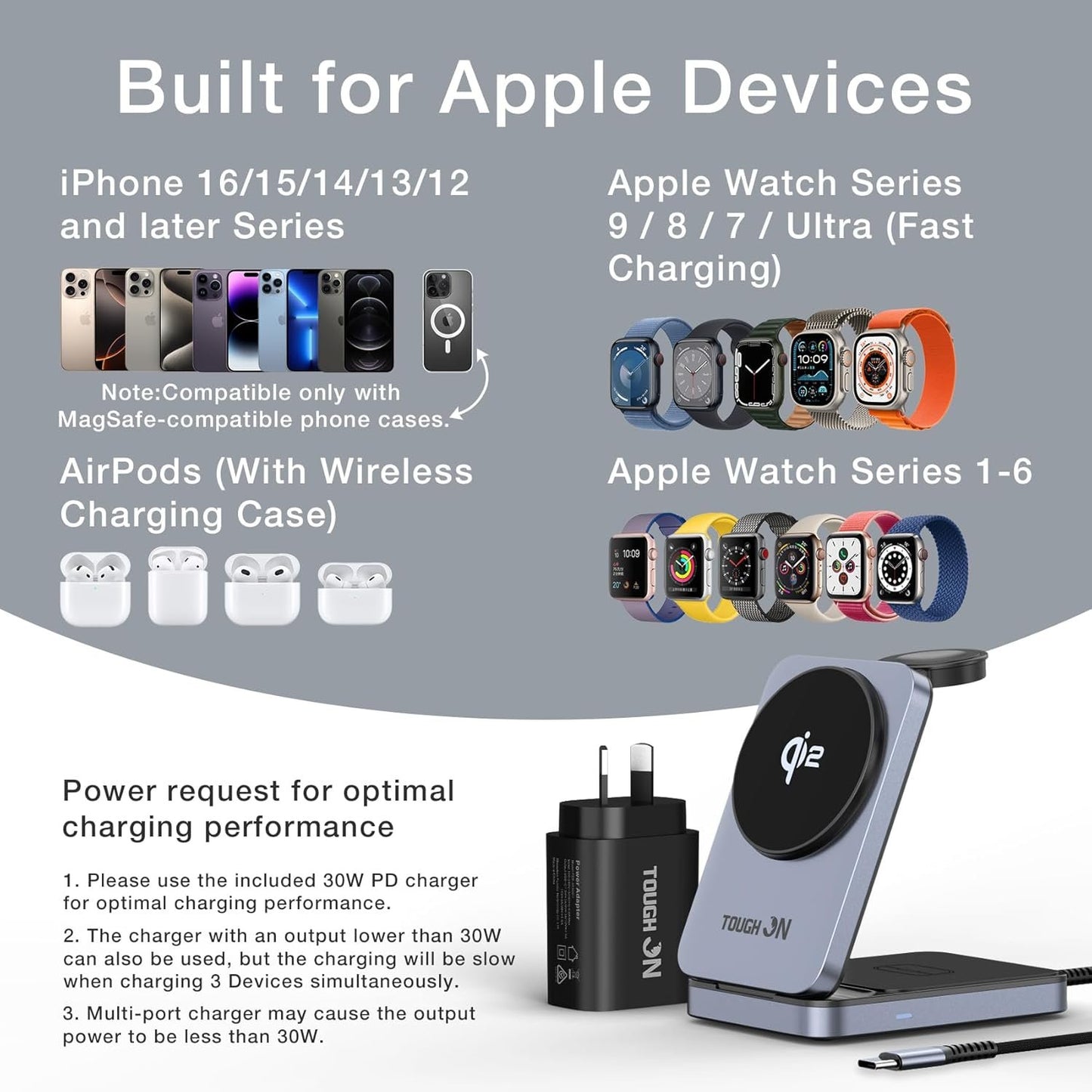 TOUGH ON Qi2 3 in 1 Wireless Charging Station for Apple, Qi2 15W Wireless Charger for iPhone, Compatible MagSafe Wireless Charger Stand for Multiple Devices iPhone 16/15/14/13/12, Apple Watch, AirPods