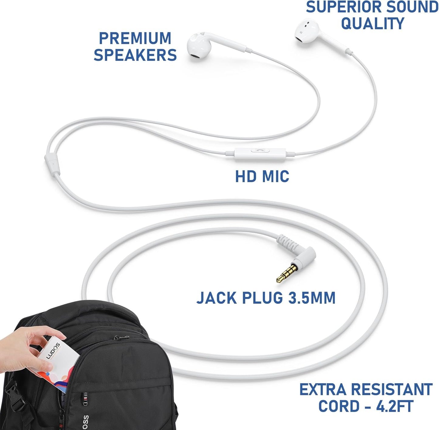 LUDOS Zenith Wired Earbuds in-Ear Headphones, 2 Year Warranty, Earphones with Microphone, Noise Isolation Corded for 3.5mm Jack Ear Buds for iPhone, iPad, Samsung, Computer, Laptop, Gaming - White