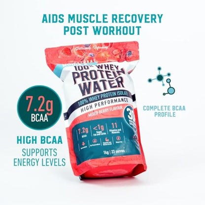 BODIE’Z Whey Protein Water Powder - 30g Protein Per Serve, Less than 1g Sugar Fat and Carbs, 11 Vitamins and Minerals, Supplement for Lean Muscle Growth and Recovery, Mix with Water, 1Kg Mixed Berry