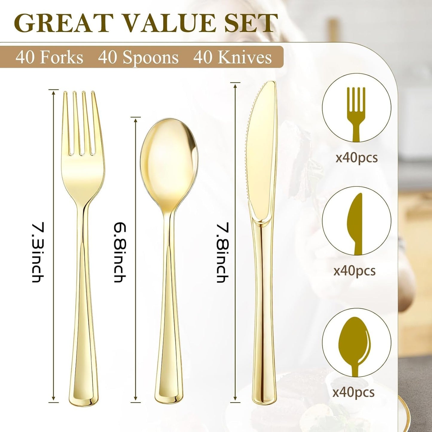 120 PCS Gold Plastic Silverware Sets, Disposable Heavy Duty Gold Utensils Sets,Includes 40 Forks,40 Spoons,40 Knives, for Wedding Reception Family Gatherings, Party, Birthdays and Daily Use