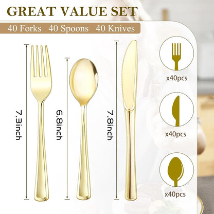 120 PCS Gold Plastic Silverware Sets, Disposable Heavy Duty Gold Utensils Sets,Includes 40 Forks,40 Spoons,40 Knives, for Wedding Reception Family Gatherings, Party, Birthdays and Daily Use