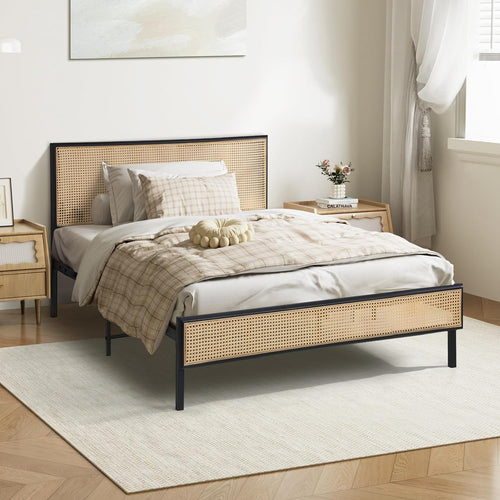 Oikiture Single Bed Base with Rattan Headboard and Steel Slat Single Bed Frame Mattress Platform Black
