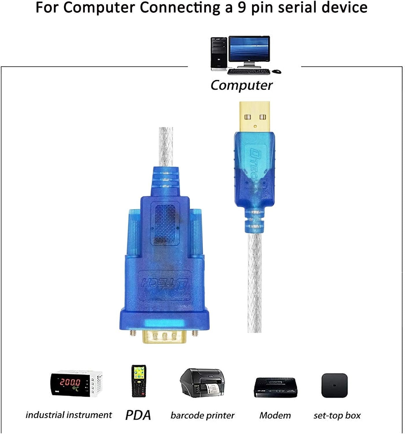 DTECH 3m FTDI USB to RS232 DB9 Male Serial Adapter Cable COM Port with FT232 Chipset Supports Windows 10 8 7 Mac Linux (10 Feet, FT232 Chip)