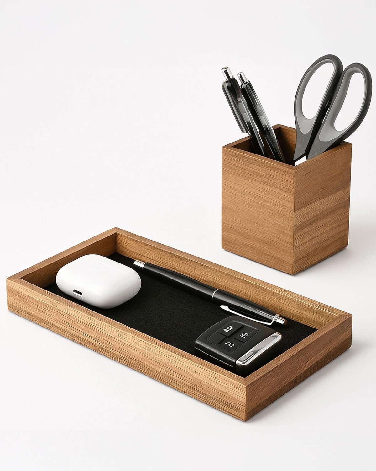 HULISEN Wooden Desk Organizer Tray with Pen Holder, Non-Slip Desk Tray and Pencil Holder Set with Felt Lined, Desktop Accessories for Home Office Workspace Organization