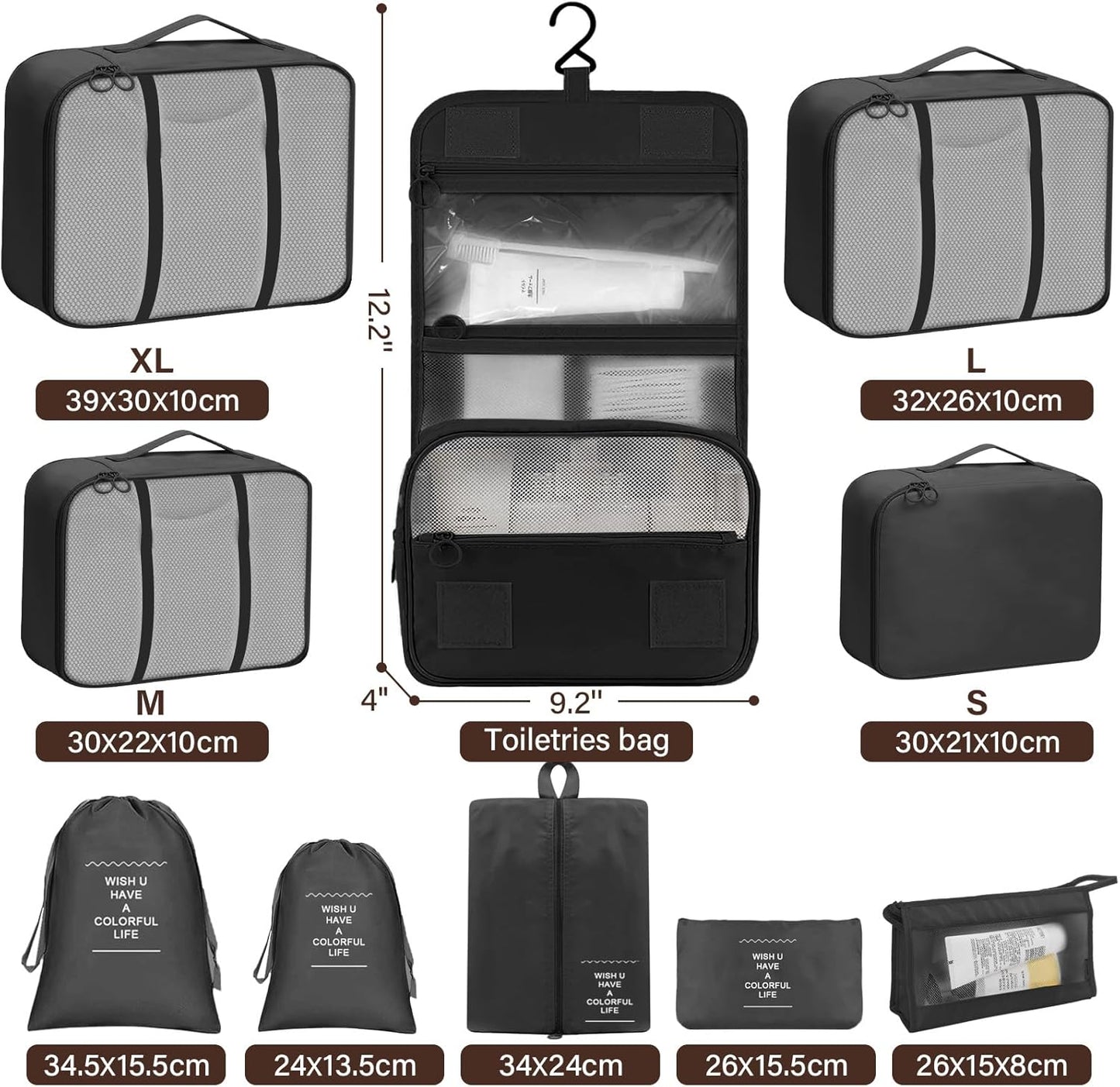 Qintora 10-Piece Suitcase Organizer Set Space-Saving Suitcase, Packing Cubes, Waterproof Travel Organizer, Clothes Underwear Footwear, Organizer for Backpack Organizer (Black)