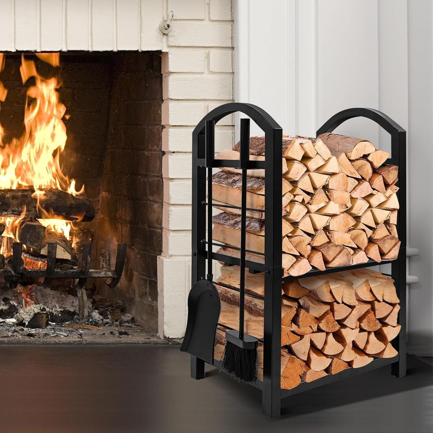 Amagabeli Firewood Rack with 4 Tools 74 x 40 x 30 cm Large Capacity Firewood Rack Firewood Holder for Wood Stove Tool Set