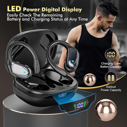 Catitru Wireless Earbuds, Sports Bluetooth Headphones, Over Ear Buds with 80hr Playtime, Noise Canceling, LED Power Display, IPX7 Waterproof for Workout/Running Black