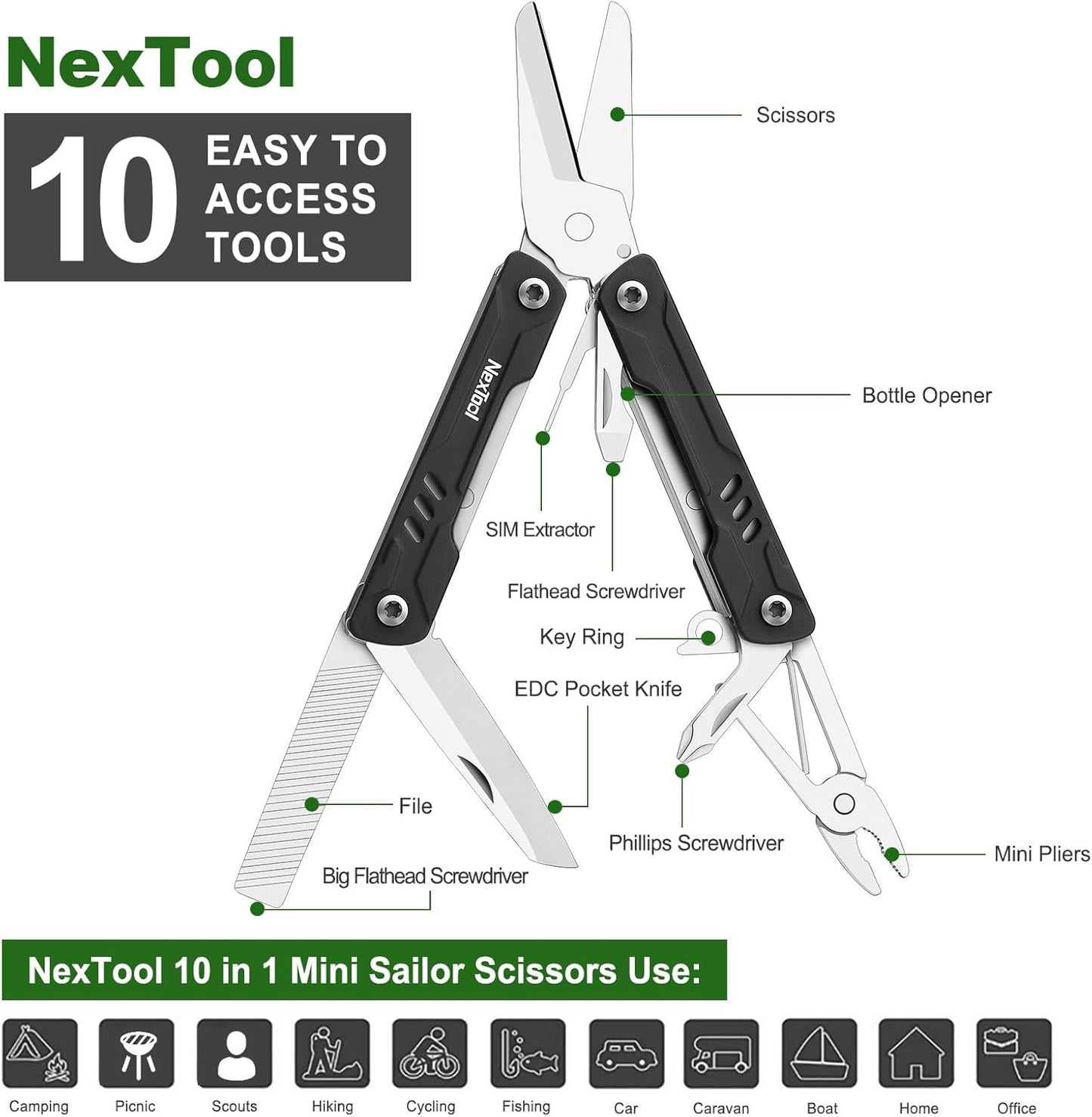 NexTool Keychain Multitool, Sailor Scissors, 10 in 1 With EDC Pocket Knife, Mini Pliers, Bottle Opener and Screwdriver for Fishing, Camping, Gifts for Men on Christmas, Birthday