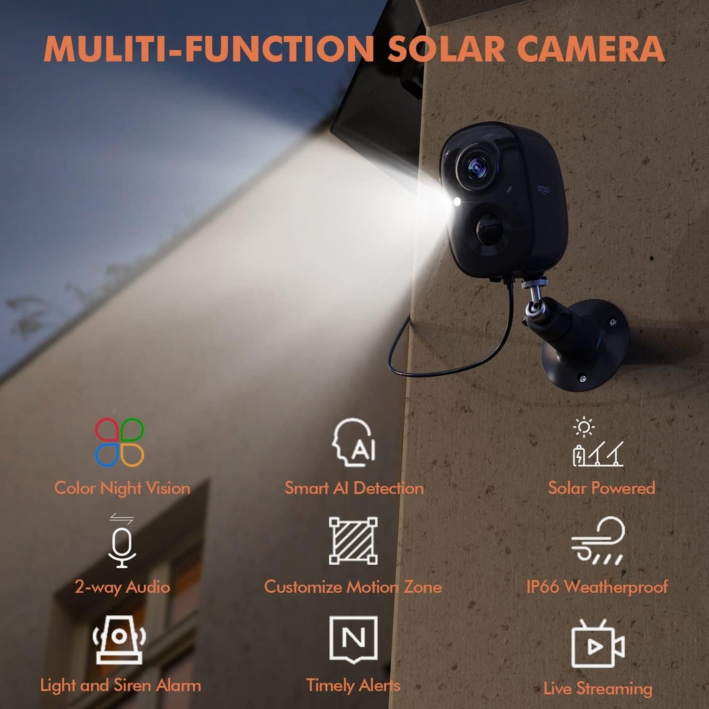 Dzees Upgrade Solar Camera Security Outdoor Wireless, Wireless Outdoor Security Cameras with Solar Panel, 1080P Color Night Vision, Spotlight/Alarm, AI Detection, 2-Way Talk, IP66 Waterproof