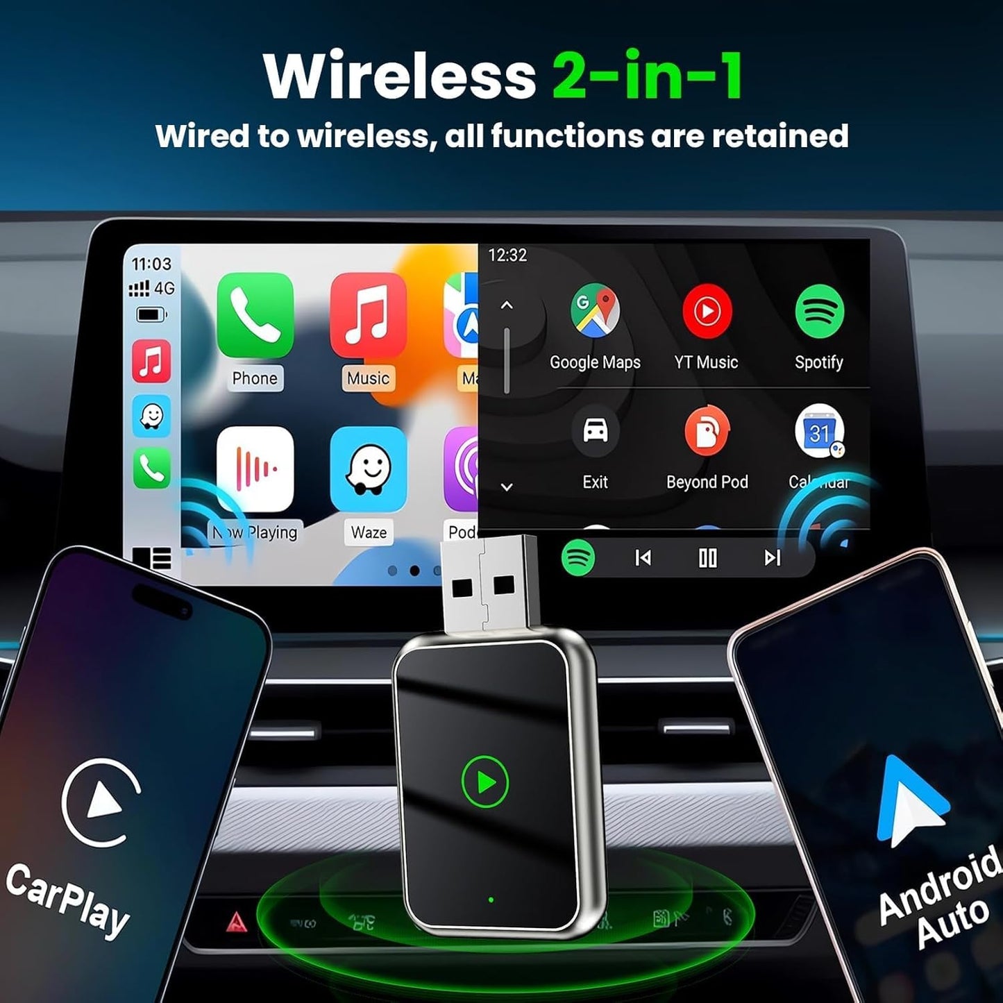 2 in 1 Wireless Carplay and Android Automatic Adapter, Mini Wireless Carplay Convert Factory Wired Carplay to Wireless, Wireless Carplay Adapter for IP-Hone iOS 10+ and Android 11+