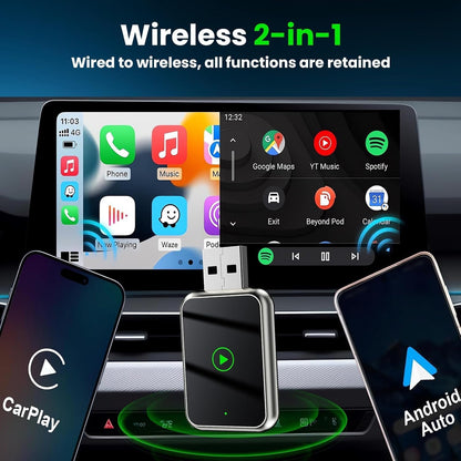 2 in 1 Wireless Carplay and Android Automatic Adapter, Mini Wireless Carplay Convert Factory Wired Carplay to Wireless, Wireless Carplay Adapter for IP-Hone iOS 10+ and Android 11+