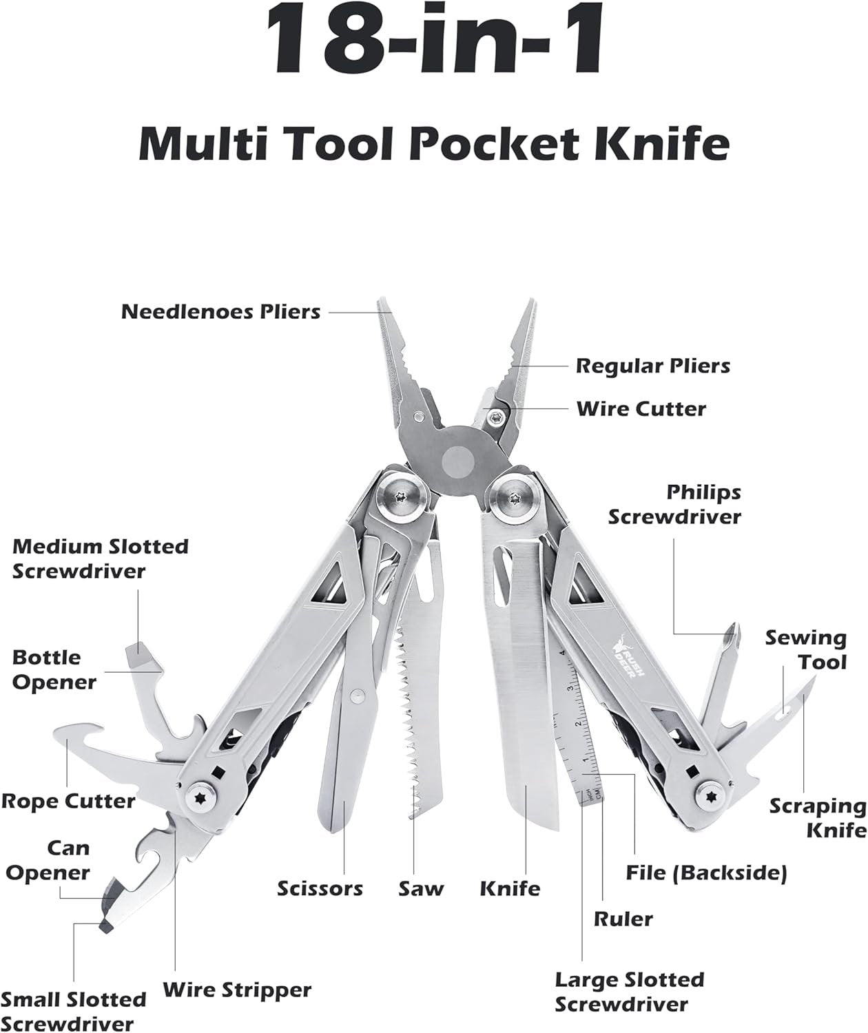 RUSH DEER Multi-Tool 18-in-1 Essential Survival Tools and Multitools Plier- Versatile Camping Tool Kit-Gift for Men-Ultimate Versatile Toolkit for DIY, Outdoor (Sliver)