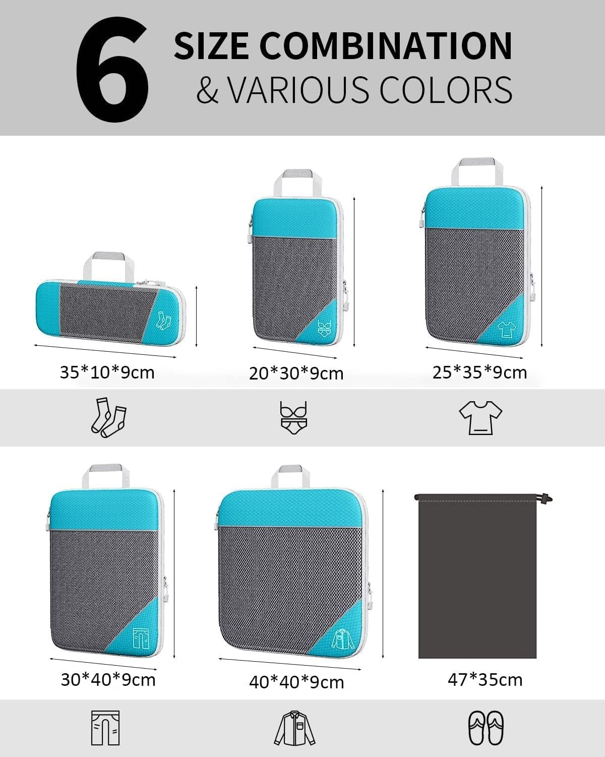 Compression Packing Cubes, Set of 6 Areaphmet Travel Packing Organisers travel packing cubes set Compression Bags for Travel Luggage Organizers for Suitcases Travel Accessories (Dark-Bue 6pcs)