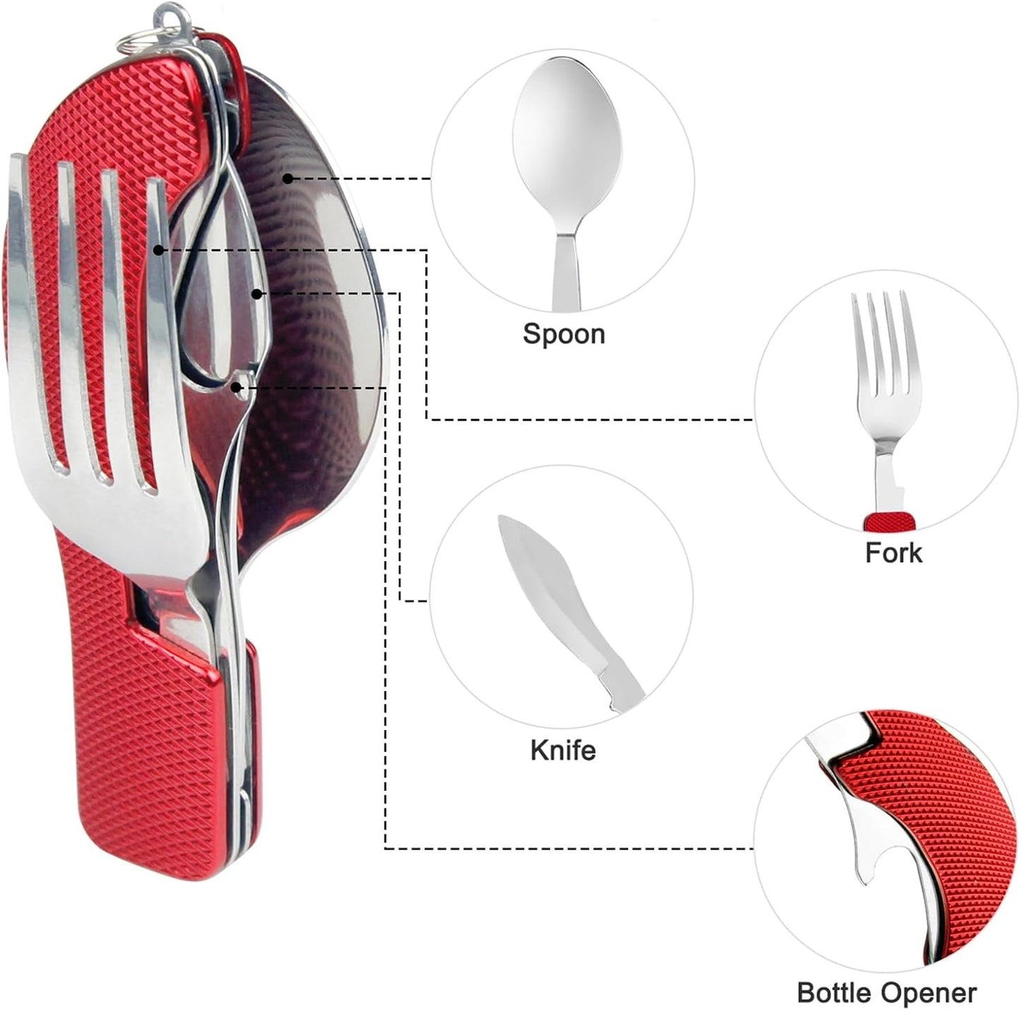 5Pcs Camping Utensils Cutlery Set - 4 in1 (Fork/Spoon/Knife/Bottle Opener) - Stainless Steel Folding & Detachable Backpacking Utensils for Hiking Survival Camping Travel