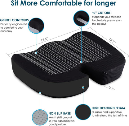 Seat Cushion and Lumbar Support Pillow for Office Chair-Gel Infused,Coccyx Orthopedic Car Seat Cushion Memory Foam Back Support Cushion for Lower Back,Tailbone & Sciatica（Black）