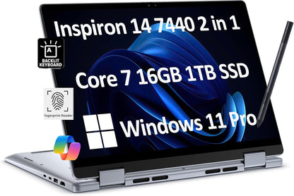 Dell Inspiron 14 7440 2-in-1 Business Laptop (14" FHD+ Touchscreen, Intel Core 7 150U(> i7-1355U), 16GB RAM, 1TB SSD) Backlit KB, FP Reader, FHD Webcam, IST Active Pen, Win 11 Pro w/AI Copilot, Blue