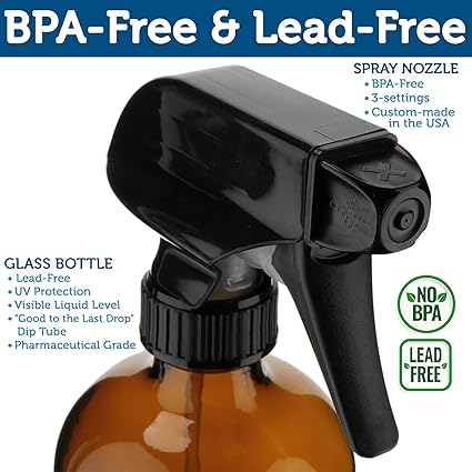 Empty Amber Glass Spray Bottles - 2 Pack - Large 16oz Refillable Bottle is Great for  Essential Oils, Plants, Cleaning Solutions, Hair Mister - Durable Nozzle w/Fine Mist and Stream Setting