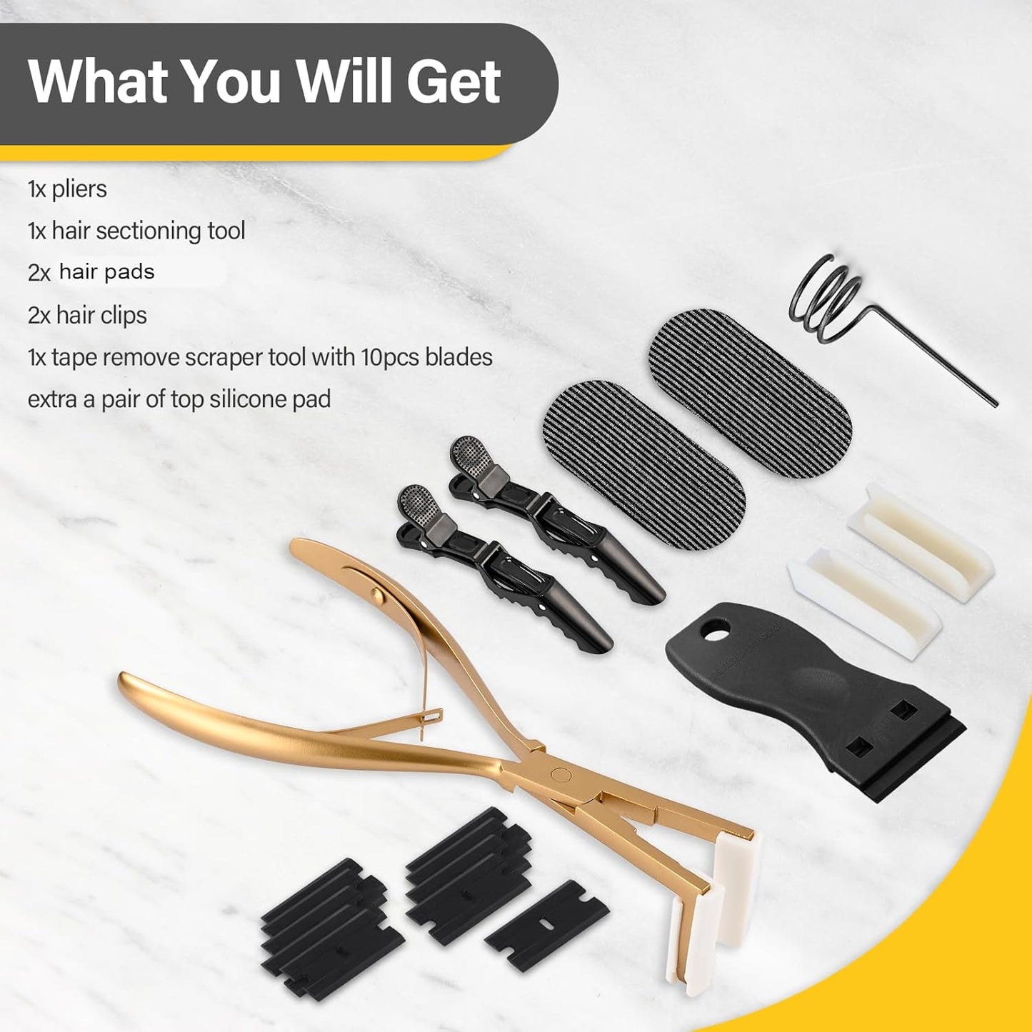 Gomake Tape in Hair Extension Tools Kit with Flat Surface Stainless Steel Tape in Hair Extensions Sealing Clamp Plier,Tape Remover Scraper Tool,Hair Clips, Human Hair Extensions Styling Tools-Gold