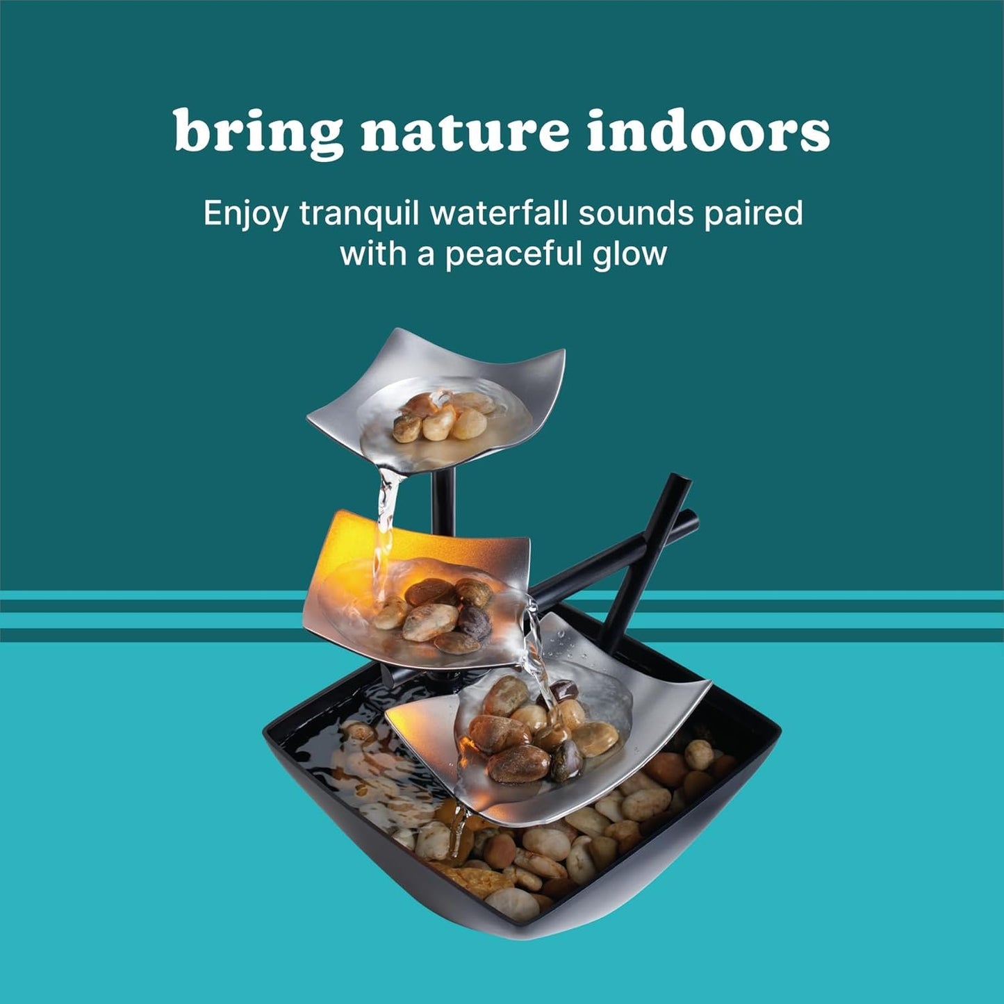 HoMedics Indoor 3-Tier Relaxation Tabletop Fountain, Automatic Pump with Power Switch, Extra Deep Basin with Natural River Rocks and Reflective Lighting Feature, EnviraScape Silver Springs