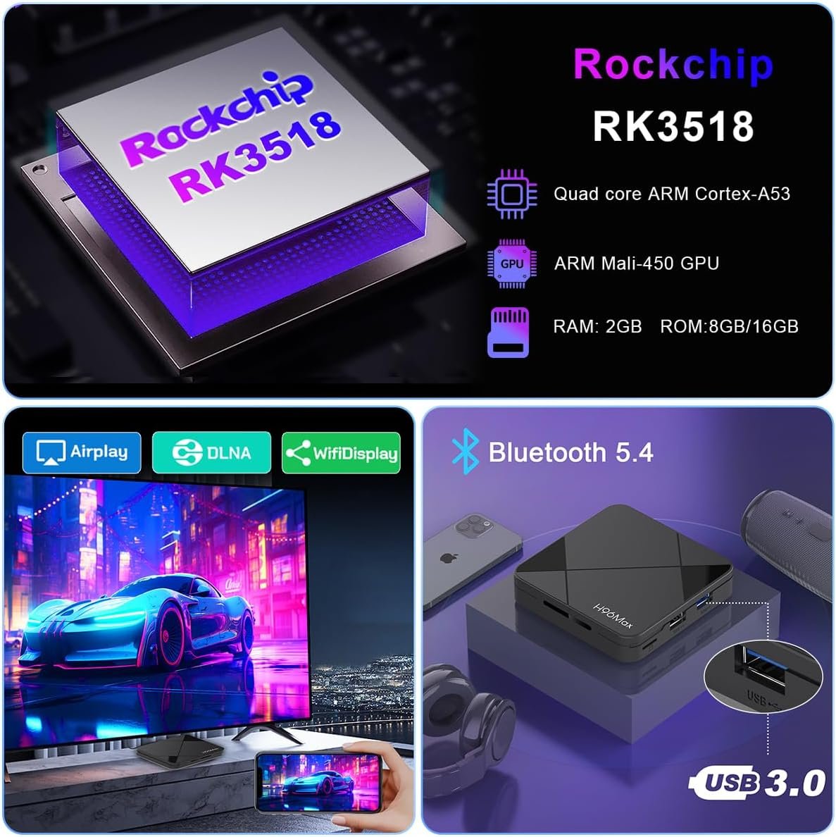 LEFFOT Android 14.0 TV Box, RK3518 4K UHD Streaming Device for TV, 2GB RAM + 16GB ROM, Smart TV Box with HDR10, Voice Control, 2.4G & 5G WiFi 6, 100M Ethernet, BT 5.4, USB 3.0, RK3518 Quad Core A53